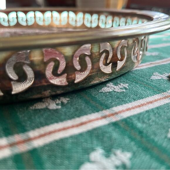 Silver Plate on Copper Round Tray Filigree and Etched Decoration 12.5” Diameter - Picture 3 of 4